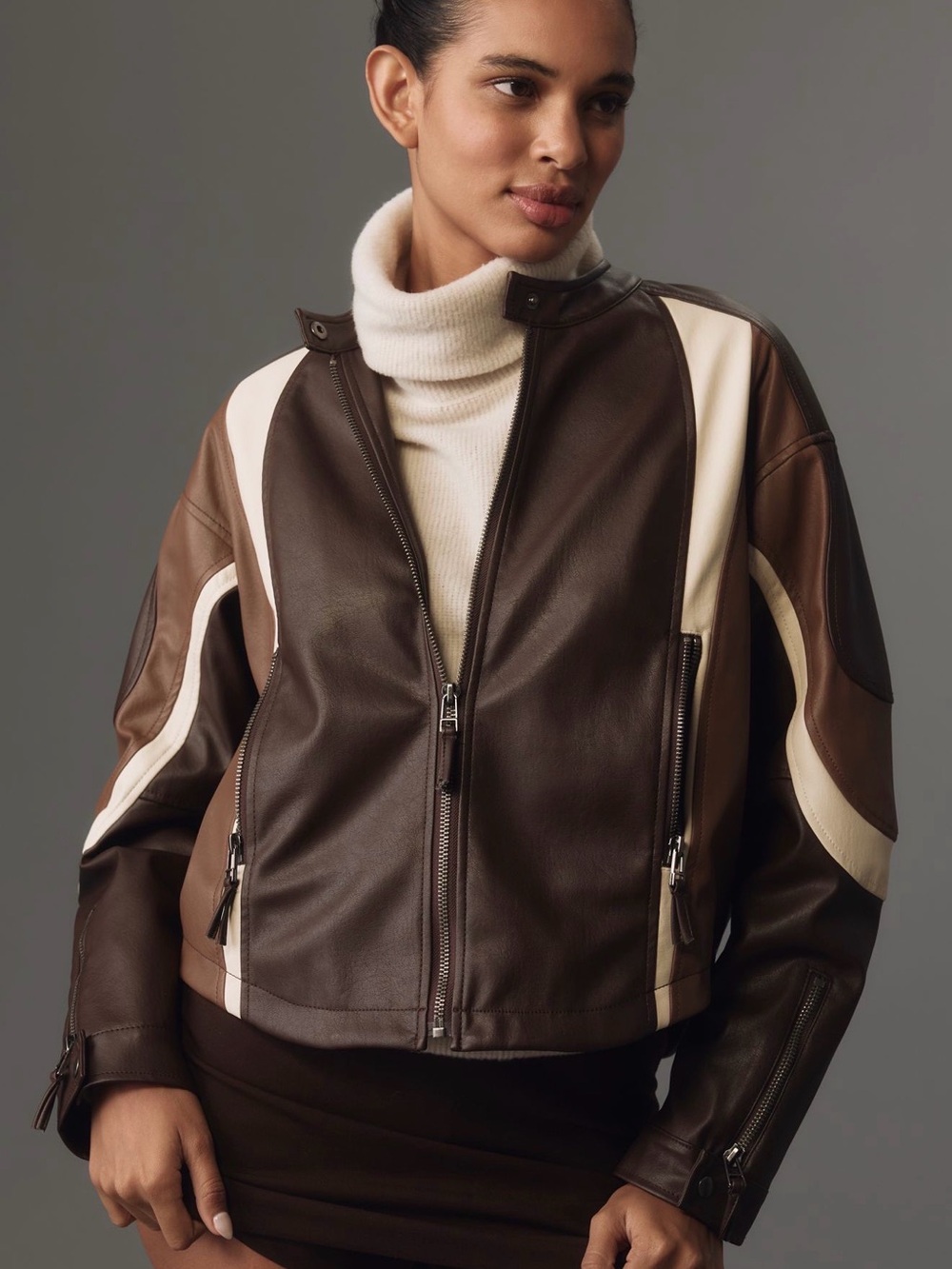 NWT Anthropologie Colorblock Faux Leather Moto Jacket Brown/Cream Size Small